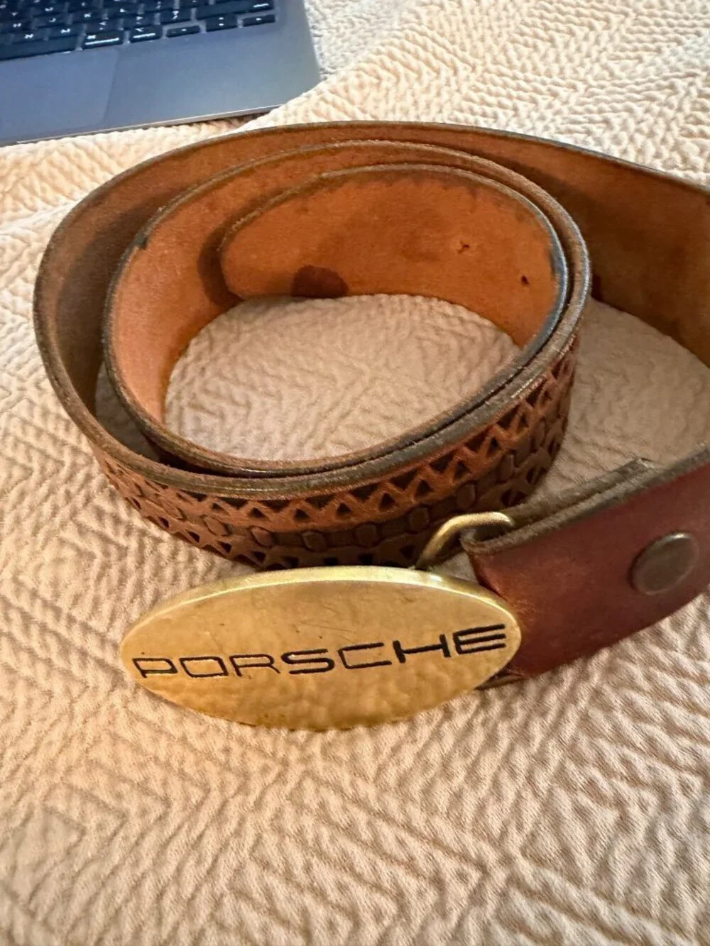 Porsche Mens Belt Brass Buckle Leather Strap Brown Tooled 34-40 inches Vintage